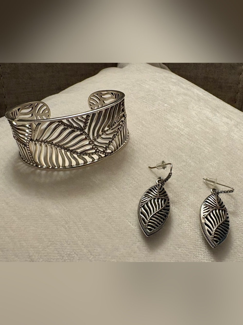 Brighton Silver Leaf Filigree Cuff Bracelet and Dangle Earrings Set